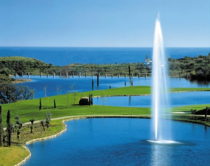 Lakes, fountain and fairways at the Villa Padierna Flamingos golf course