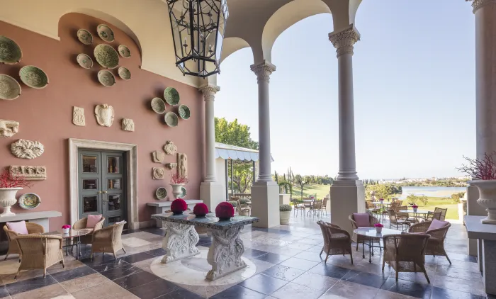 Palace salon and adjoining terrace seating at Anantara Villa Padierna