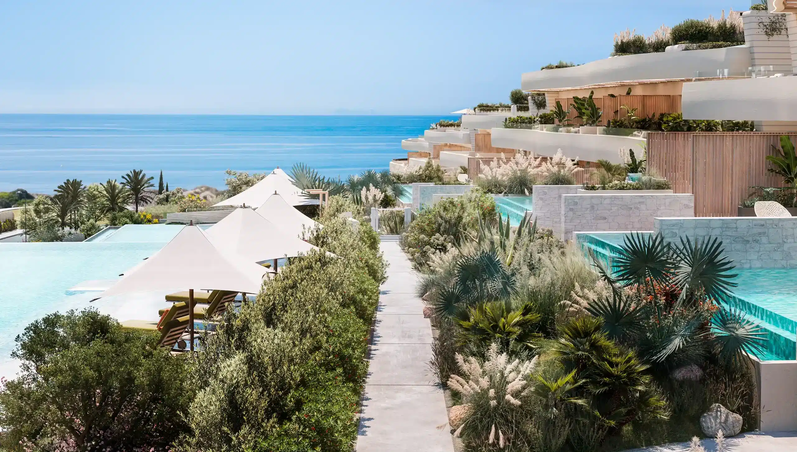 Architectural visualisation of Dunique’s planted terraces and pools looking towards the Mediterranean