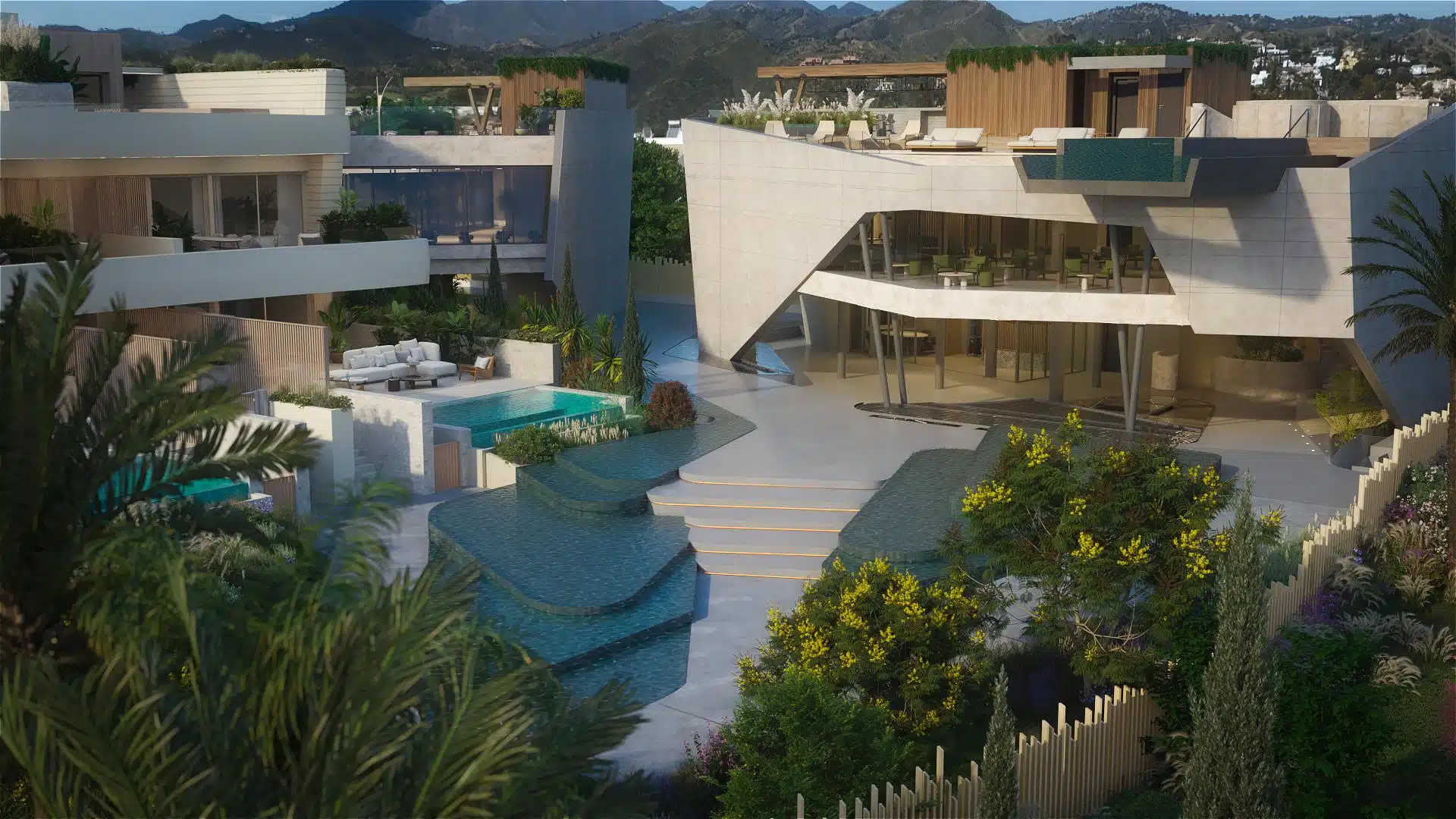 Architectural visualisation of Dunique’s social club, sculpted pool edges and planted terraces