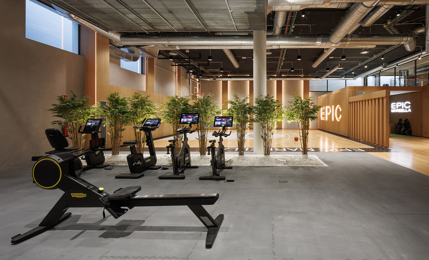 EPIC Marbella’s communal fitness space with training equipment, planting and an indoor court