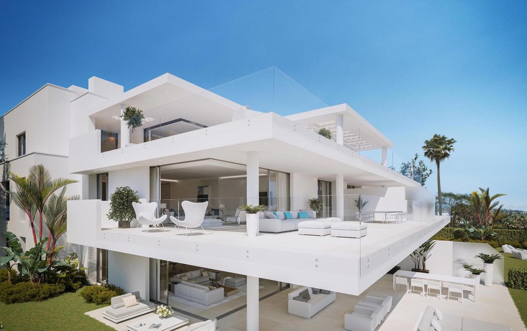 Architectural visualisation of Emare’s white residences and broad terraces amid landscaped gardens.