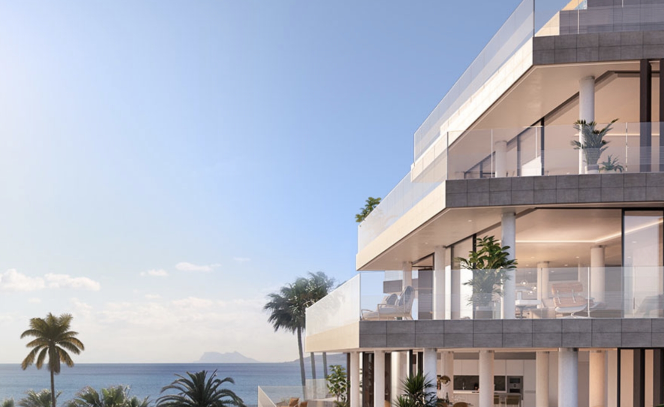 Architectural visualisation of The Sapphire’s terraces and glass façade beside the Mediterranean
