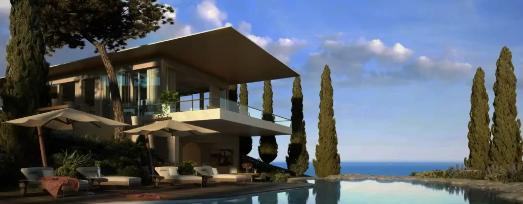 Architectural visualisation of the Gumuchdjian villa concept at The Seven, with terraces and a coastal outlook.