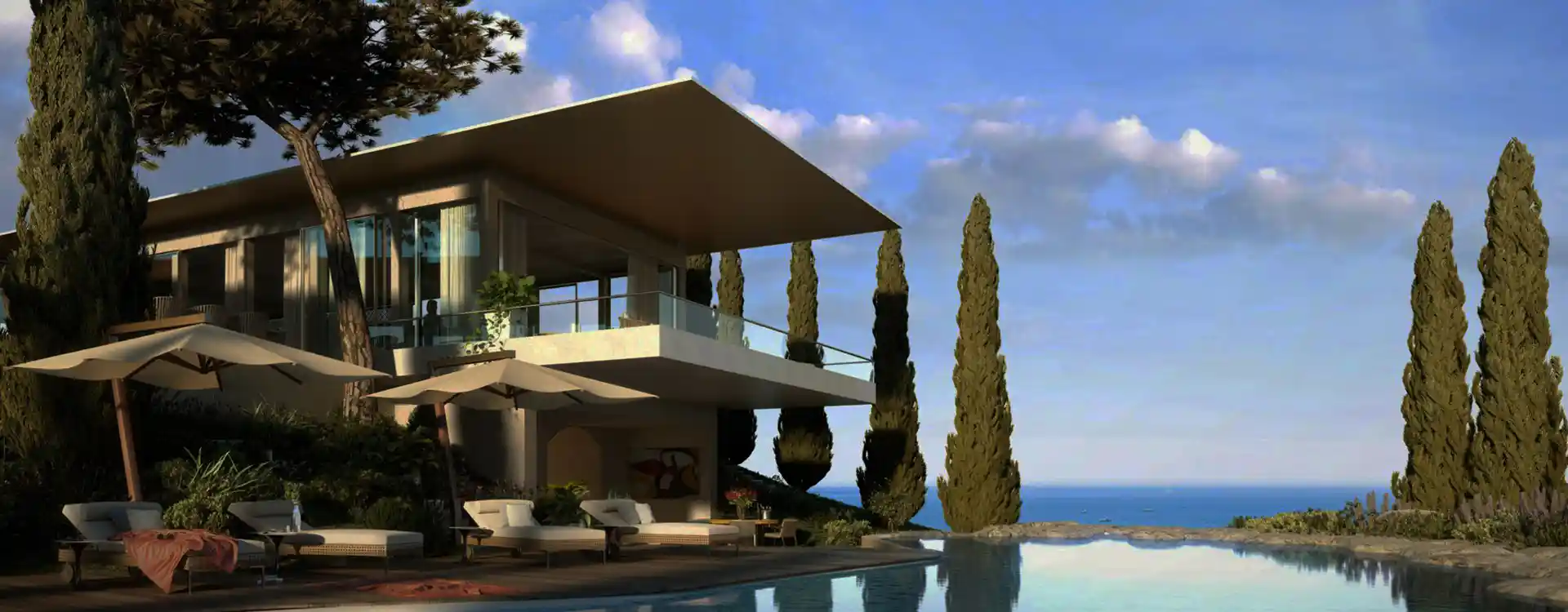 Architectural visualisation of the Gumuchdjian villa concept at The Seven, with terraces, trees and a pool overlooking the coast.