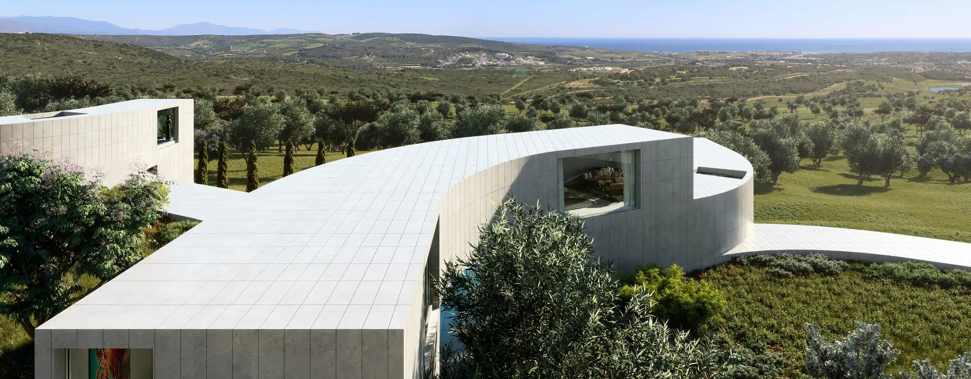 Architectural visualisation of the Fran Silvestre villa concept at The Seven, showing white curved forms within a green hillside setting.