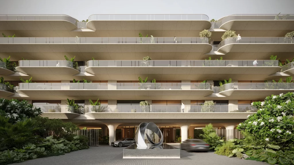 Architectural visualisation of Tyrian’s curved terraces, landscaped entrance and façade