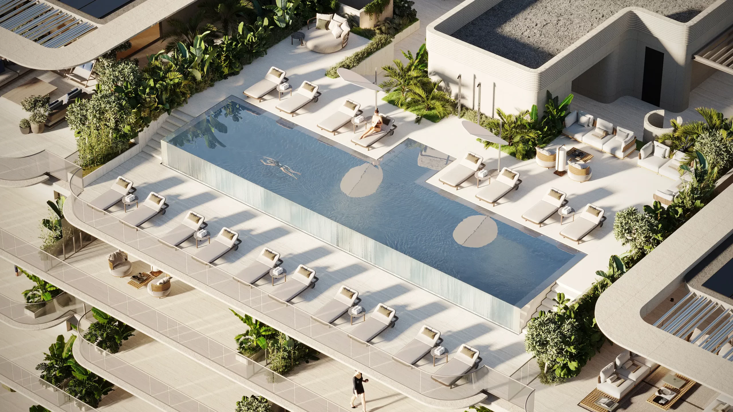 Architectural visualisation of Tyrian’s planned rooftop pool, loungers and planted terraces