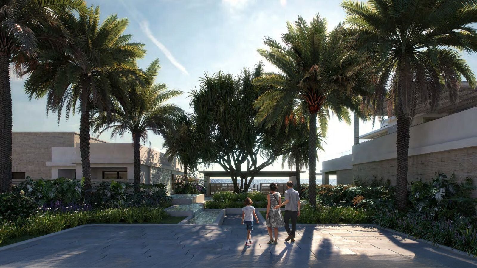 Architectural visualisation of UNO’s landscaped garden between contemporary buildings, with the sea beyond.
