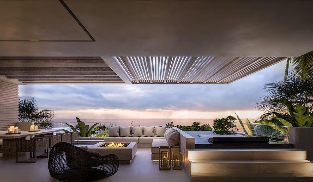 Architectural visualisation of a shaded UNO terrace with a sitting area and Mediterranean outlook.