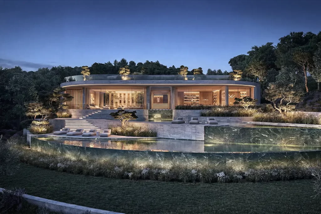 Architectural visualisation of Villa Dune at dusk, showing its curved façade, terraces and infinity pool